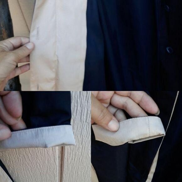 Vtg 80's Womens 6L‎ Trench Coat Long Belted Sailor Back Color Block Black Cream - Picture 13 of 13